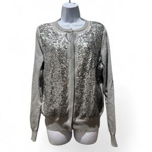 IZOD Sequin Front Sweater Women’s Medium Gray | Hidden Snap Front | Holiday Glam